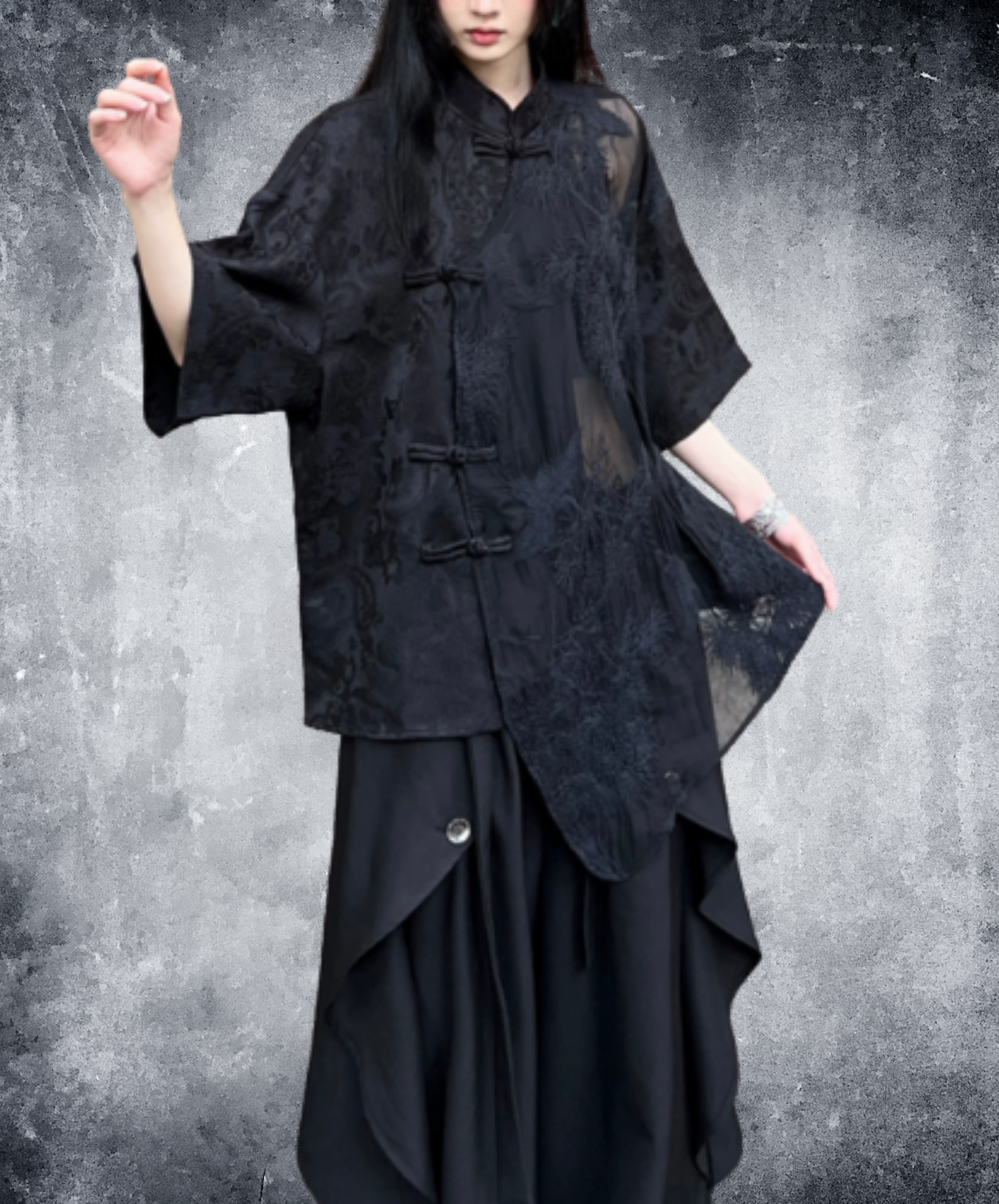 chinese-style embroidered jacquard sheer shirt EN3024