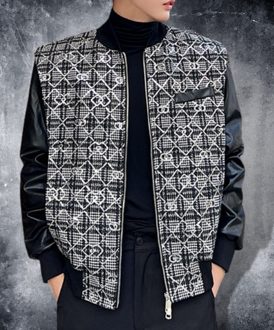 korean style check leather zip up jacket EN1348