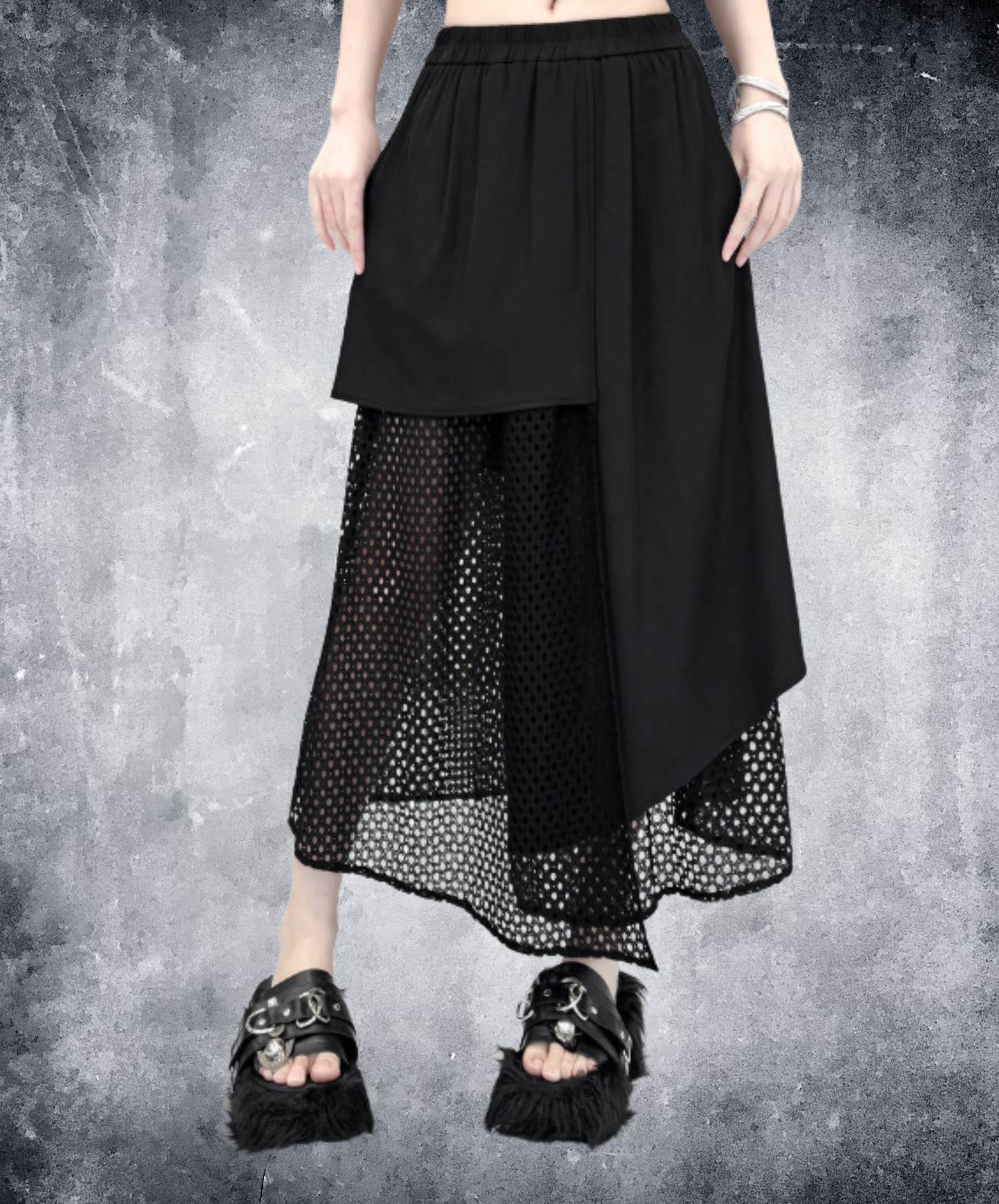 dark irregular design mesh long skirt EN2947