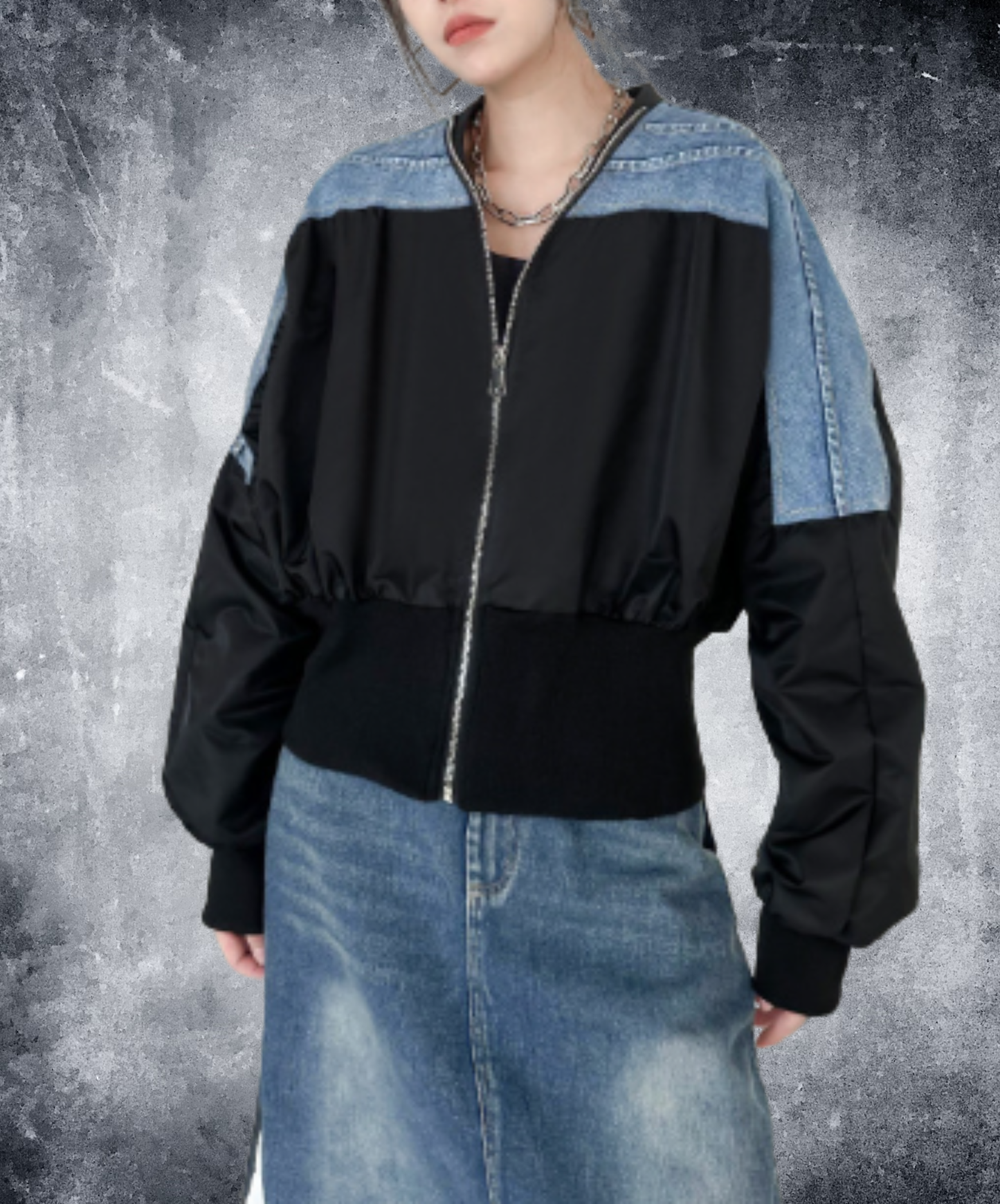 cropped denim patchwork style zipper jacket EN3112