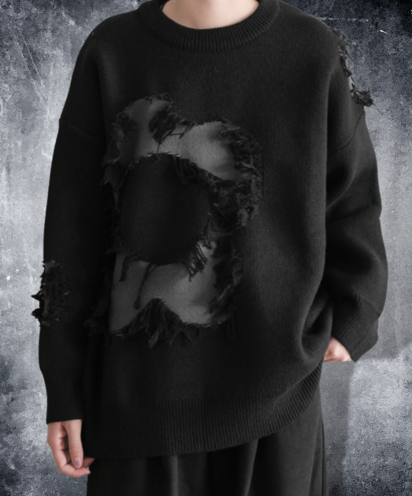 dark fake double layer damage sweater EN1214