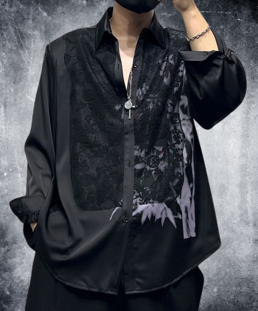 dark splicing print loose drape shirt EN2137
