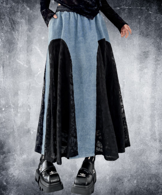 denim x lace patchwork skirt EN2894