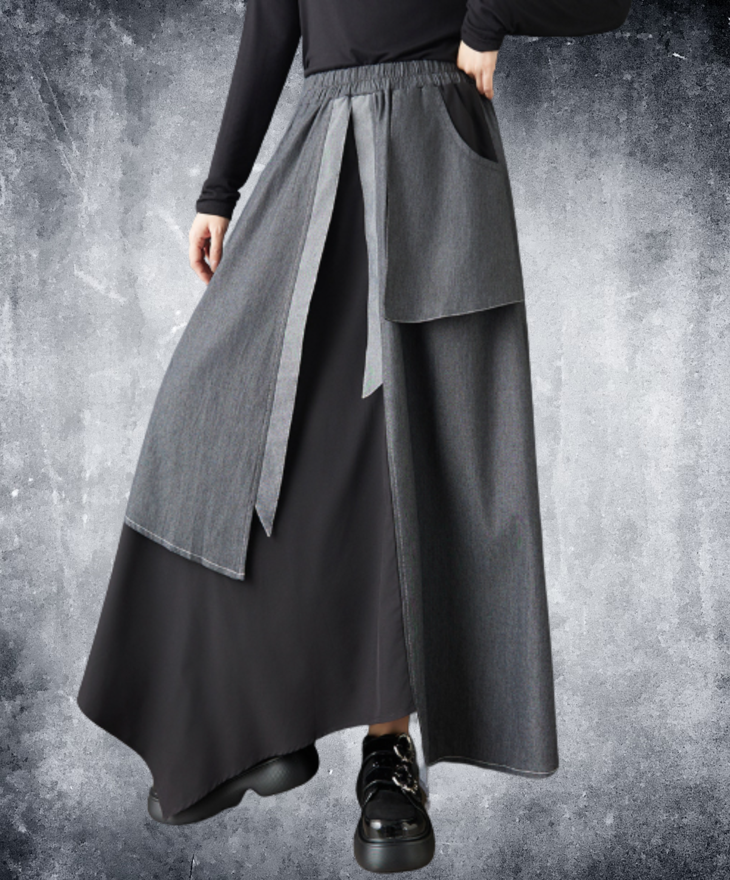 dark asymmetrical layered drape wide pants EN3146