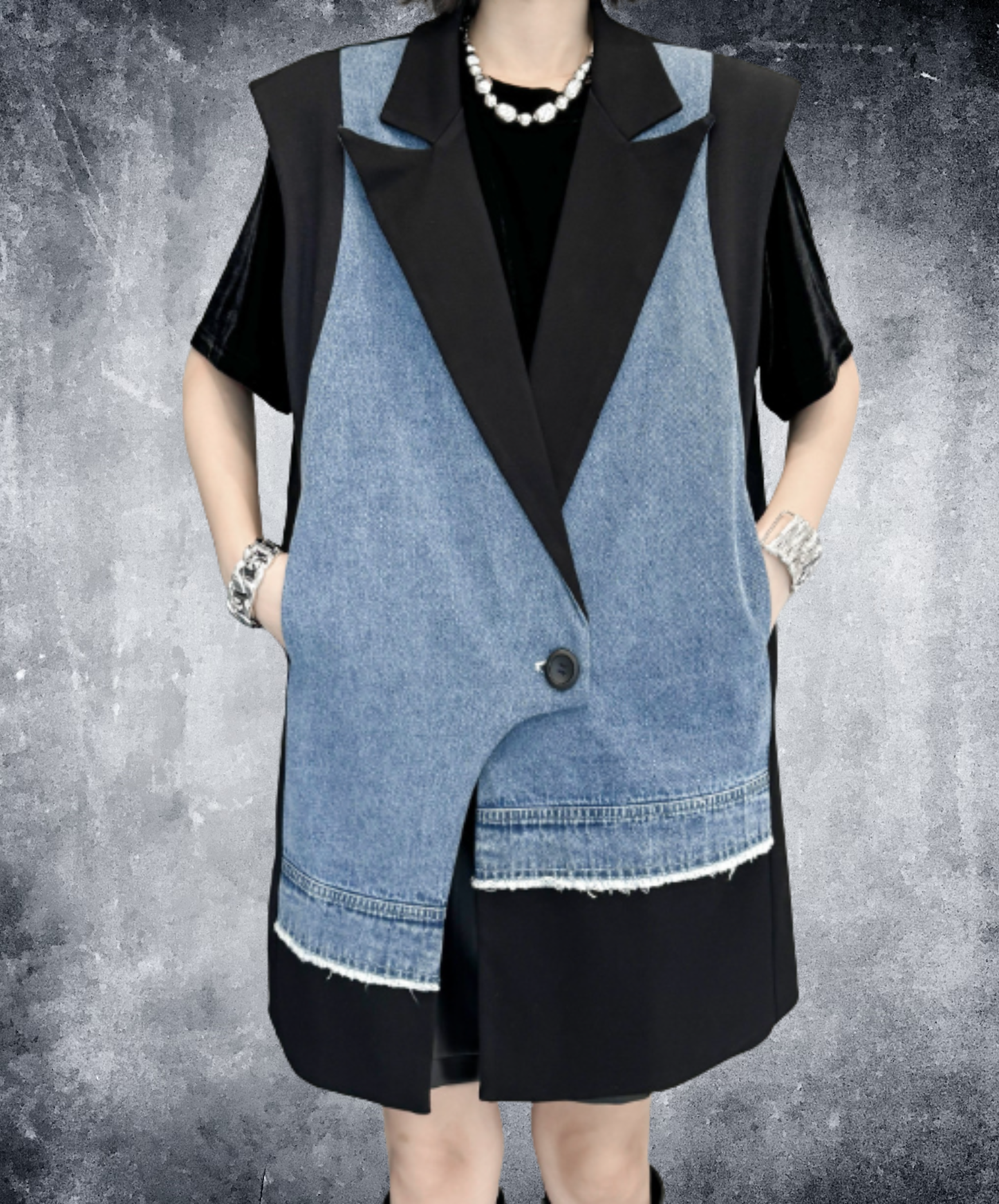denim patchwork asymmetric vest EN2893