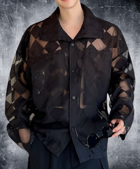 diamond pattern high neck sheer shirt EN1793