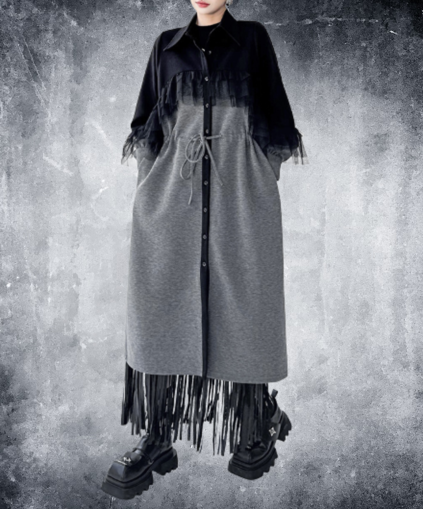 tulle patchwork and shibori detailing long shirt EN3133