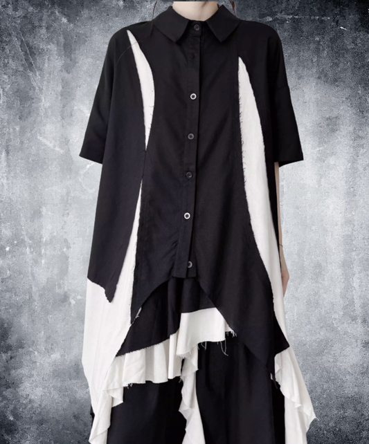 dark Irregular color block short-sleeved shirt EN2809