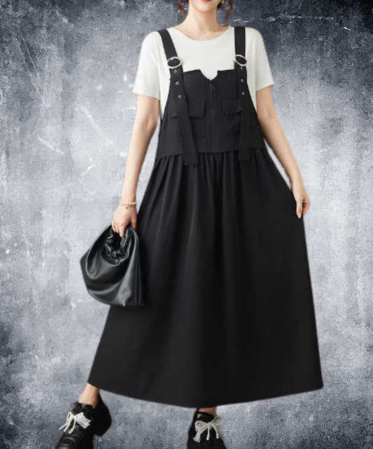 dark a-line suspender dress overalls EN3049
