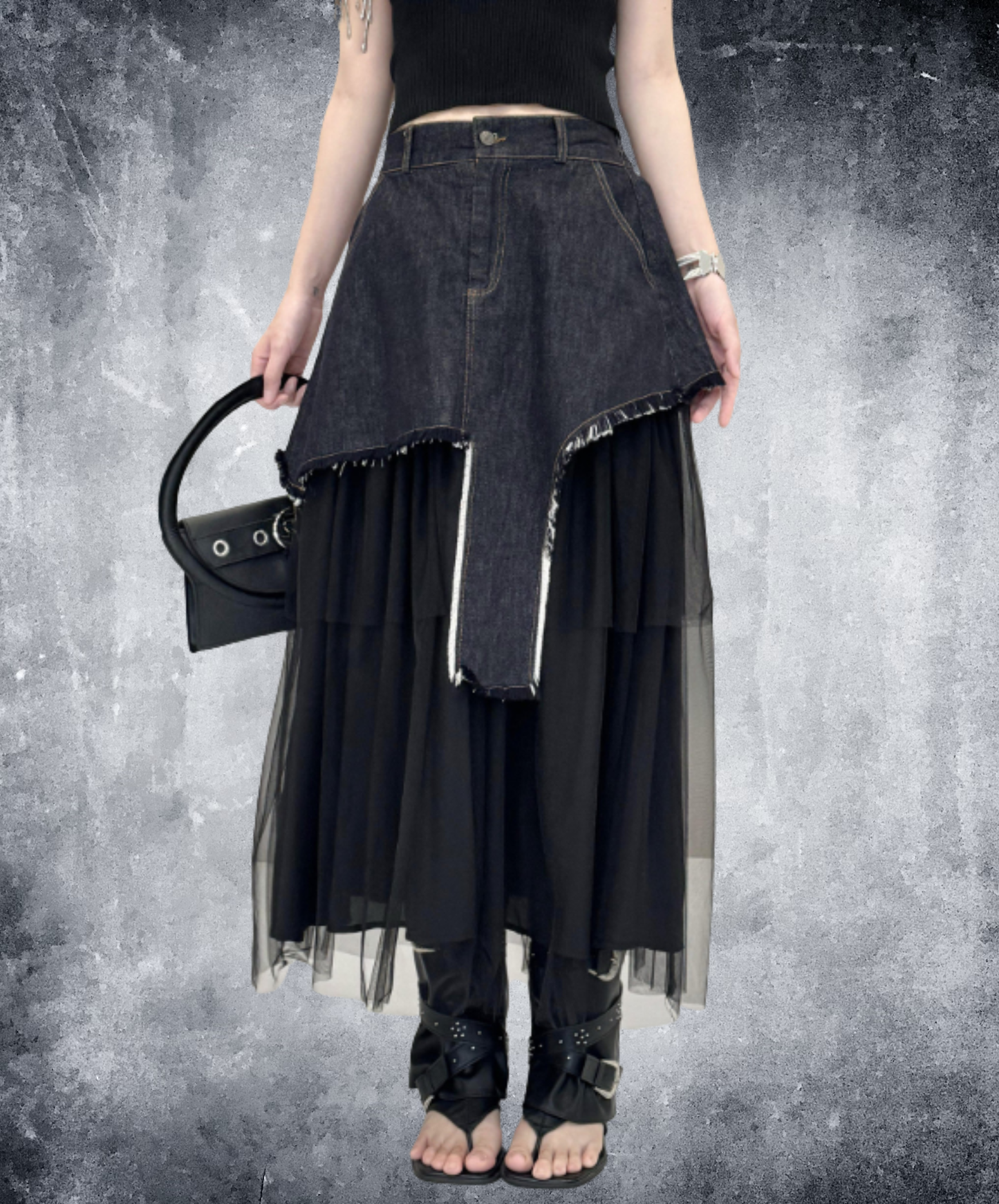 asymmetrical denim patchwork mesh design skirt EN3066