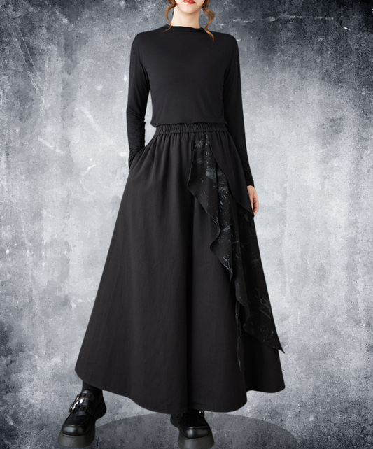 dark printed patchwork asymmetric wide pants EN2735