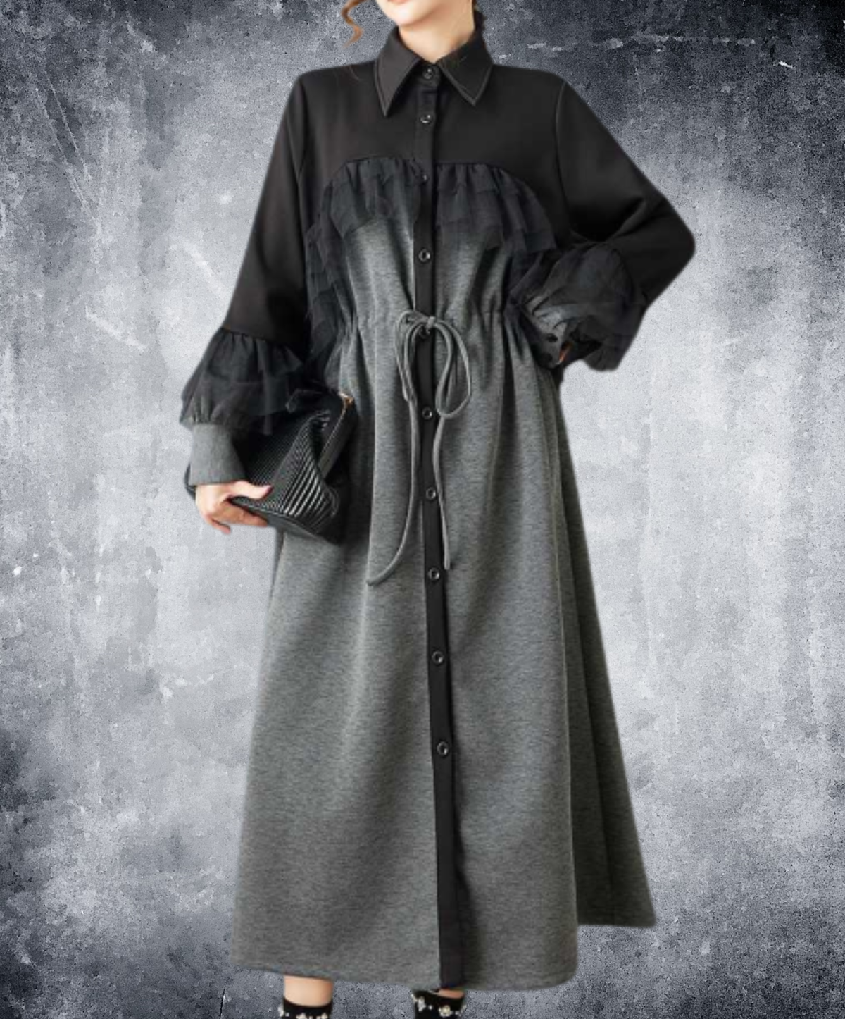 drawstring design tulle ruffle detailing long shirt EN3234