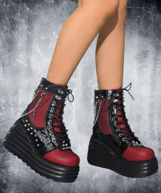 sheer red lace-up boots EN2373