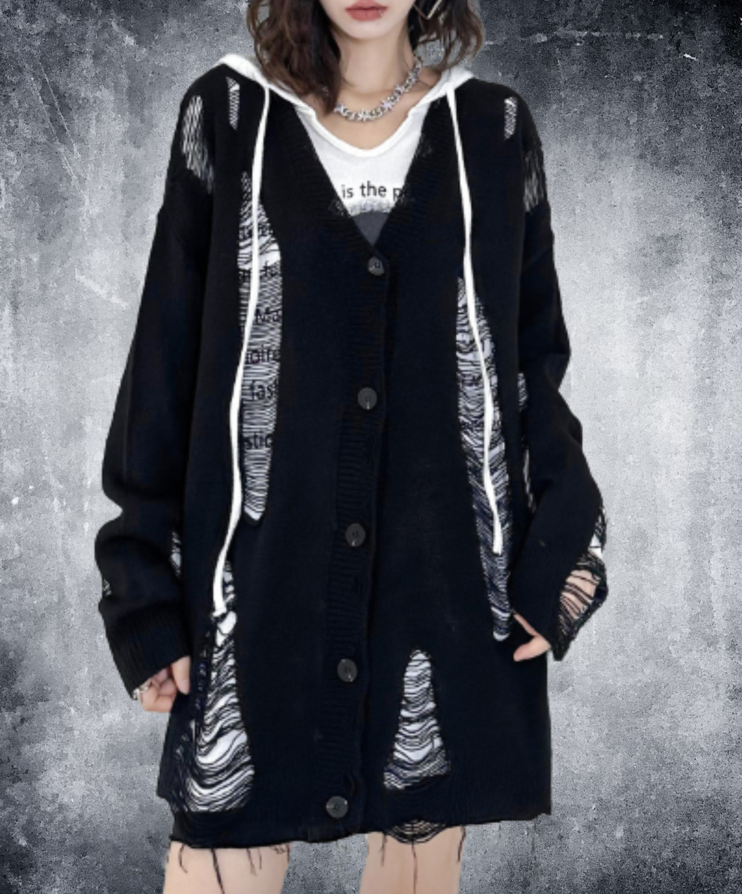 dolman-sleeve top with heavy distressing cardigan EN3123