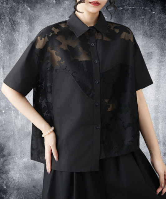 openwork patchwork sheer shirt EN2978