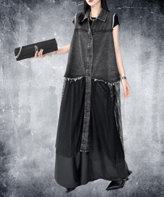denim patchwork mesh long shirt EN3047