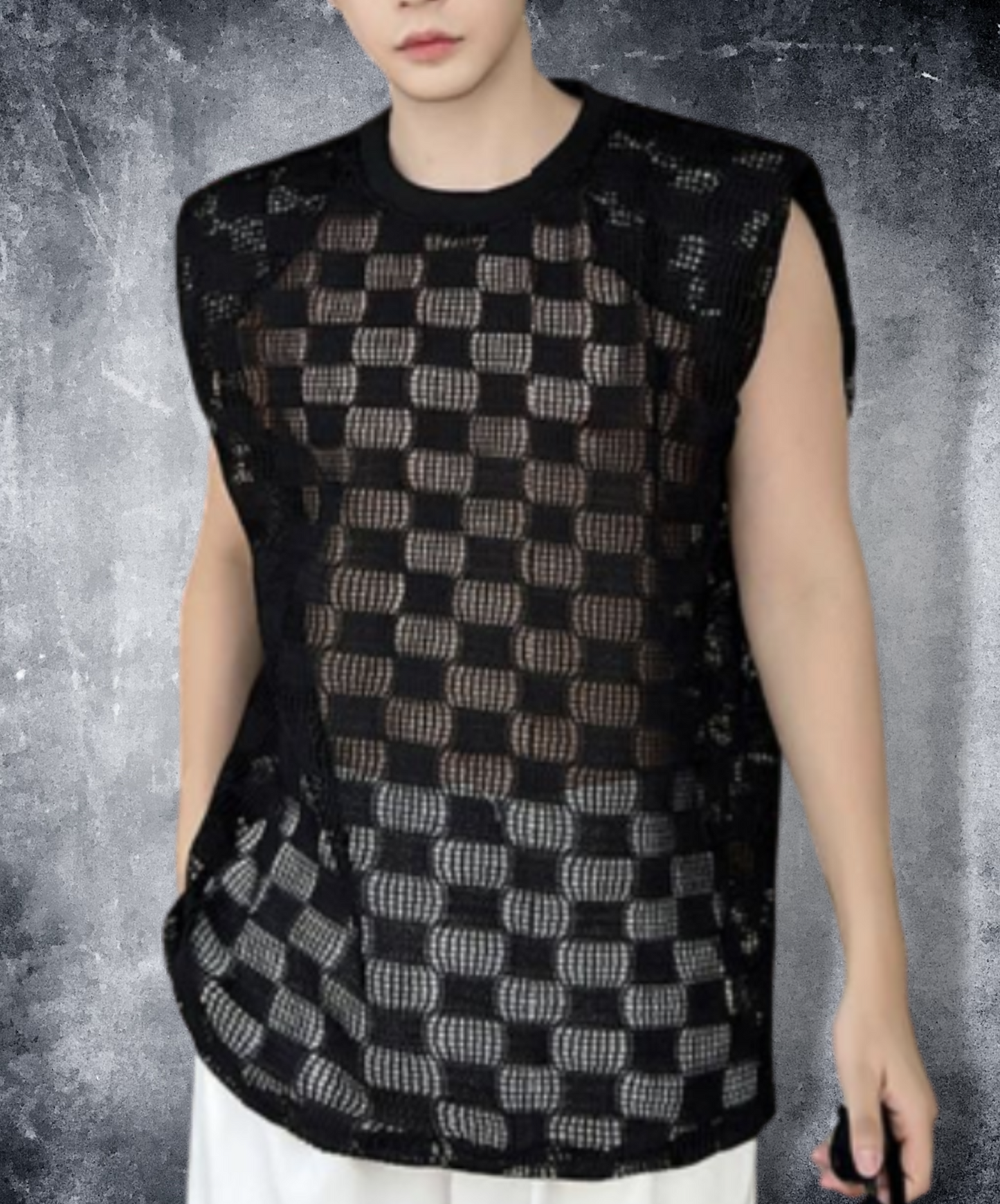 mesh check sleeveless shirt EN1025