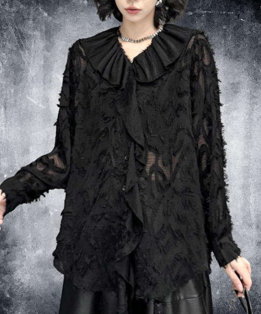 dark fringe lace ＆ frills sheer shirt EN2318