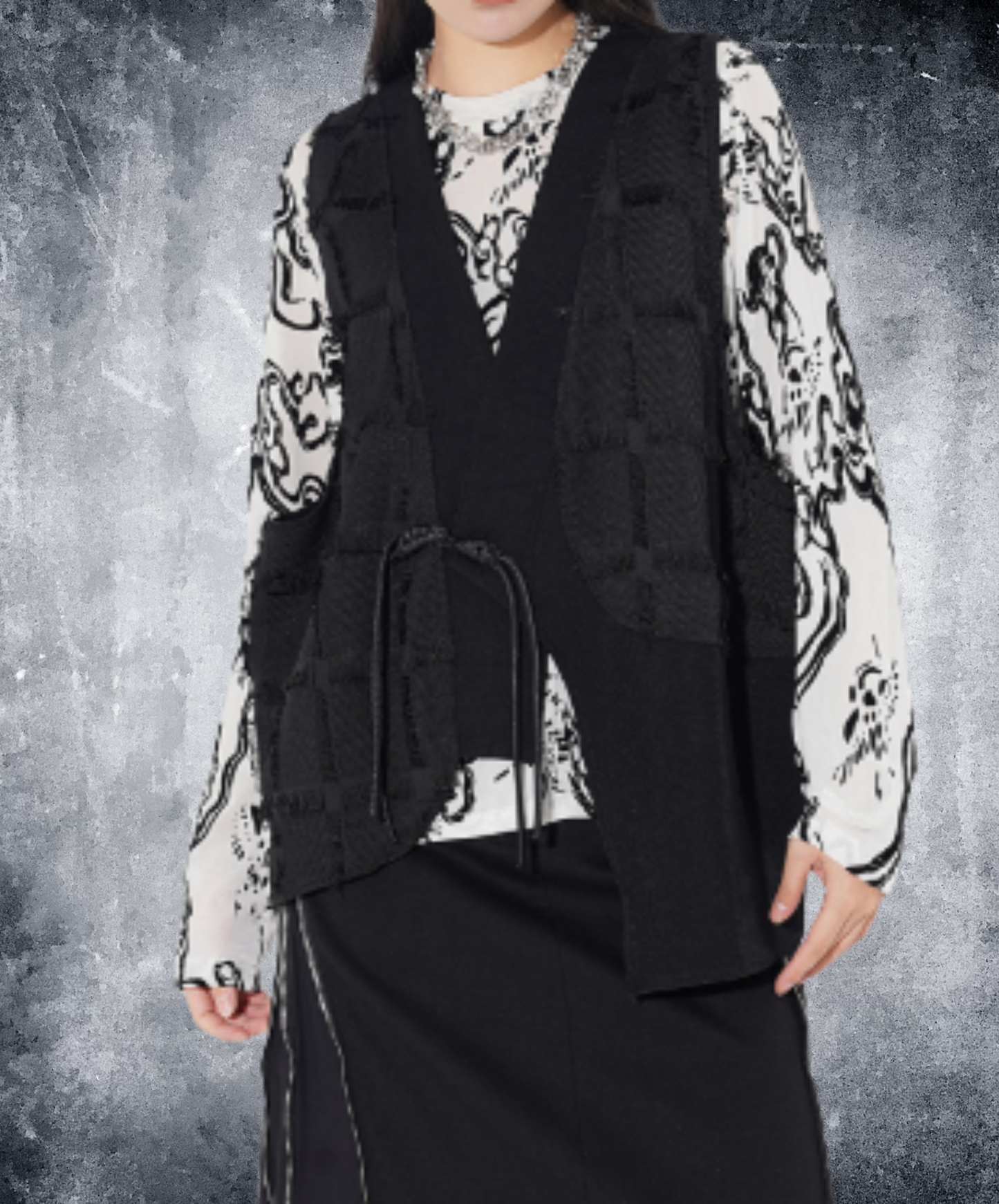 dark asymmetric design with fringe buttons vest  EN3009