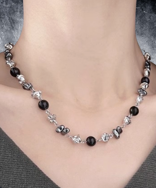 black and silver stone beads necklace EN2599
