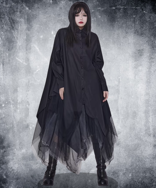 dark faux leather irregular patchwork long shirt EN2831