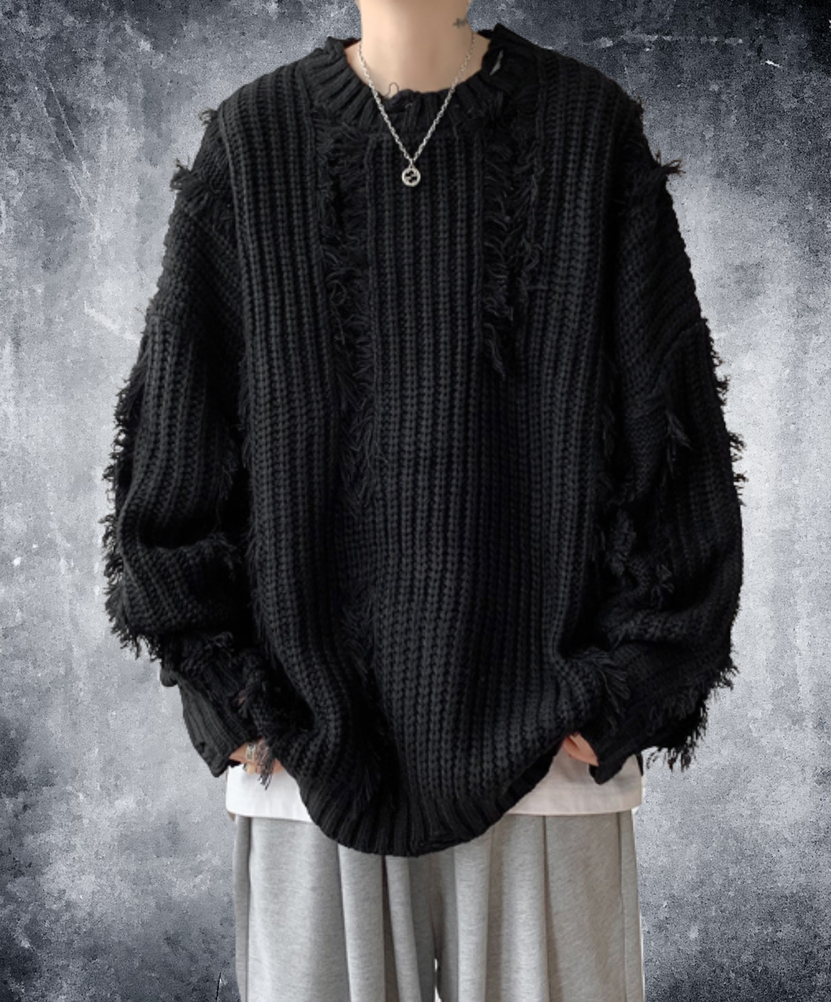 dark fringe-detail distressed finish sweater EN3177