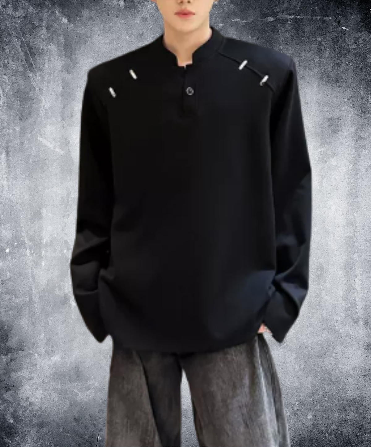 stand collar metal embellishments t-shirt EN3236