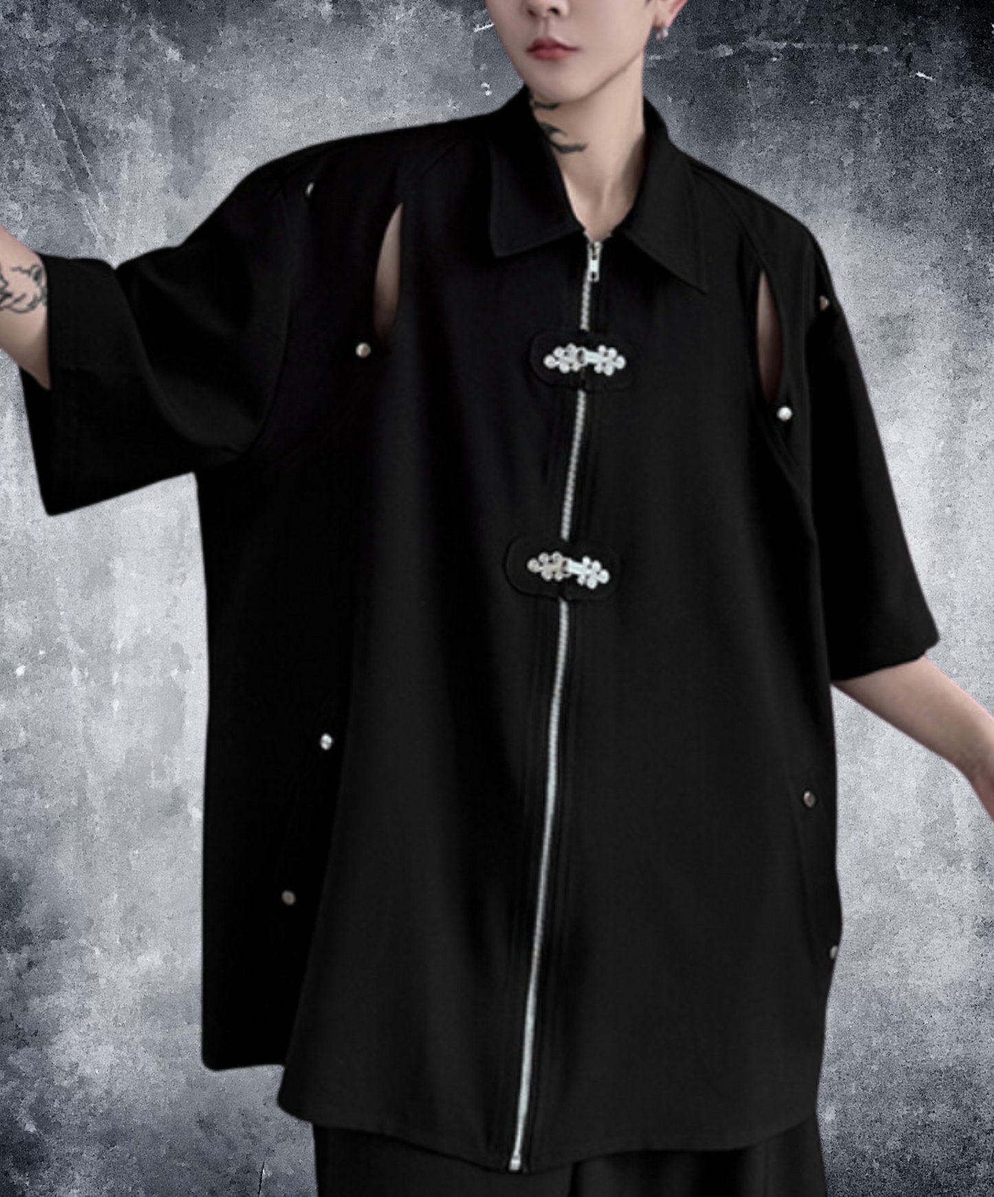 dark chinese style metal buckle slit zip shirt EN1744