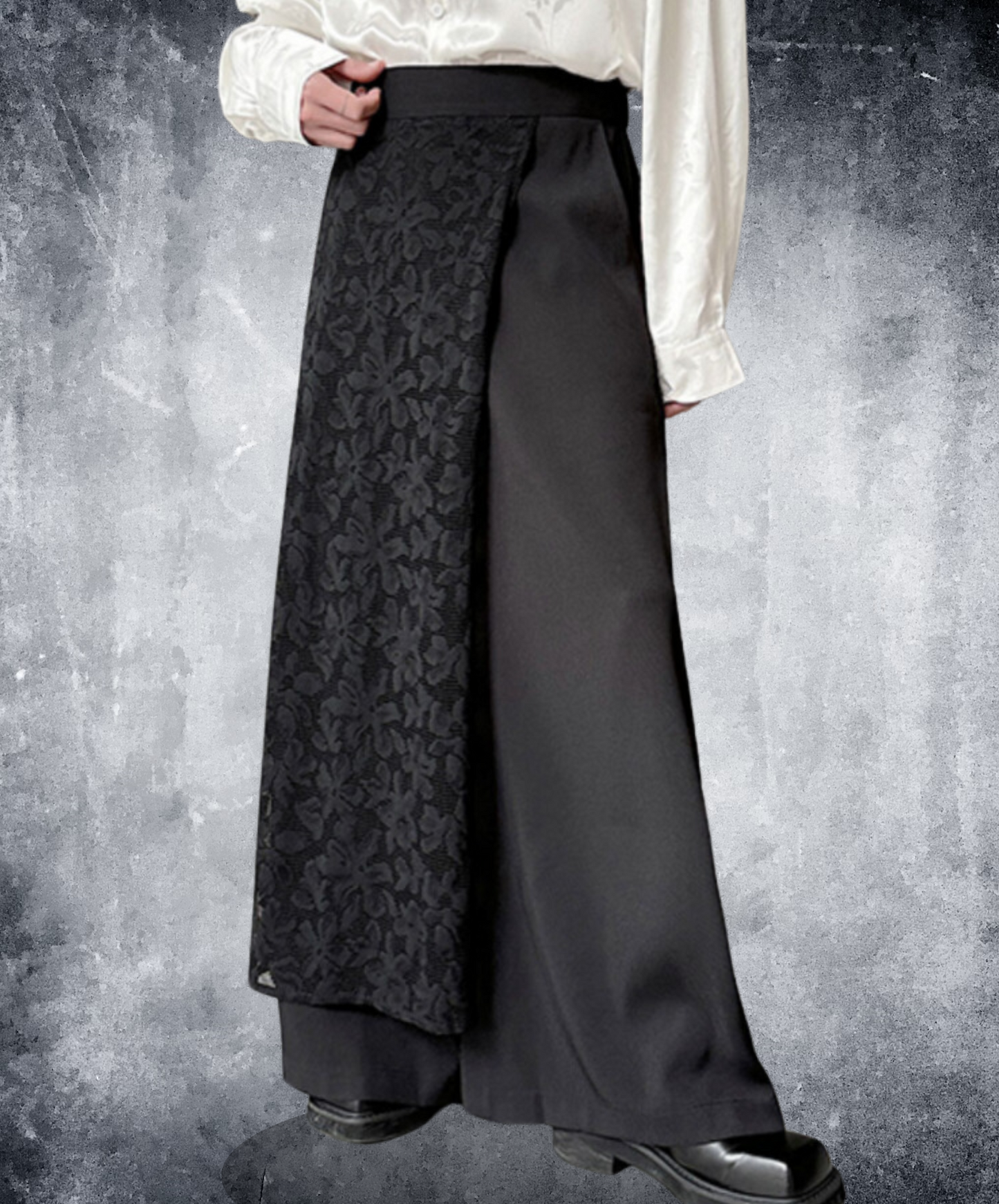 dark asymmetric embroidery design wide pants EN1766