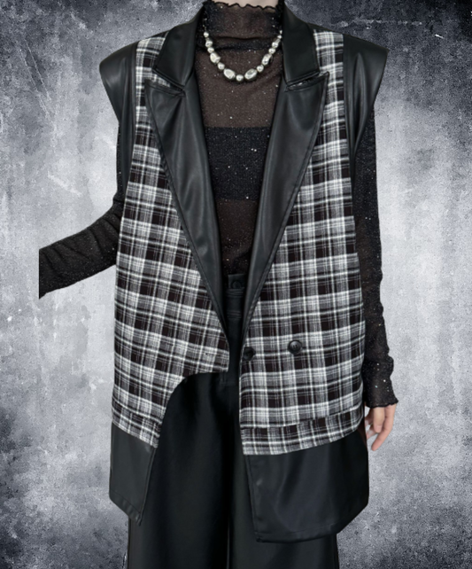 checkered pu leather patchwork vest EN2982