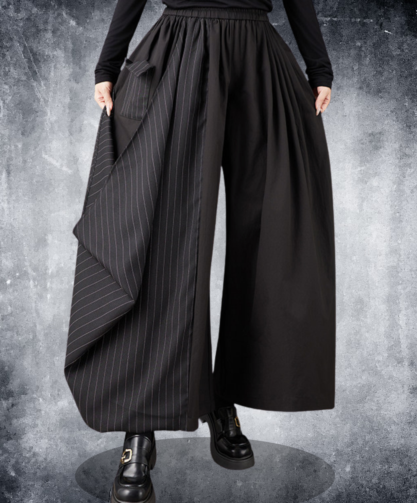 dark fine striped drape wide pants EN2779