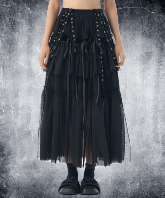 eyelet and ribbon details skirt EN3138