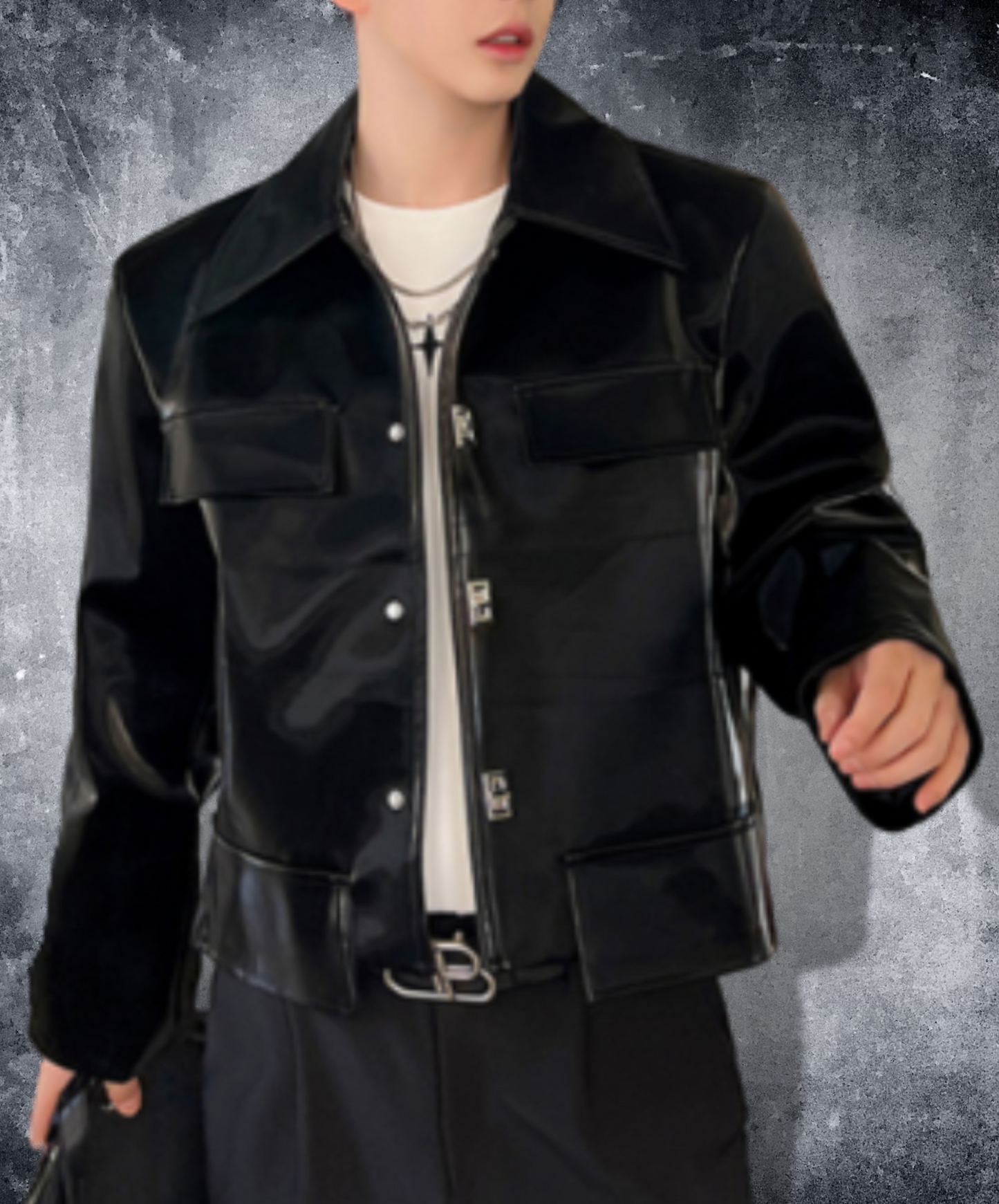 shiny loose silhouette leather jacket EN1230