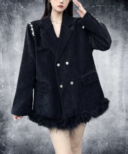 dark fur hem with floral lace embellishment jacket EN3191