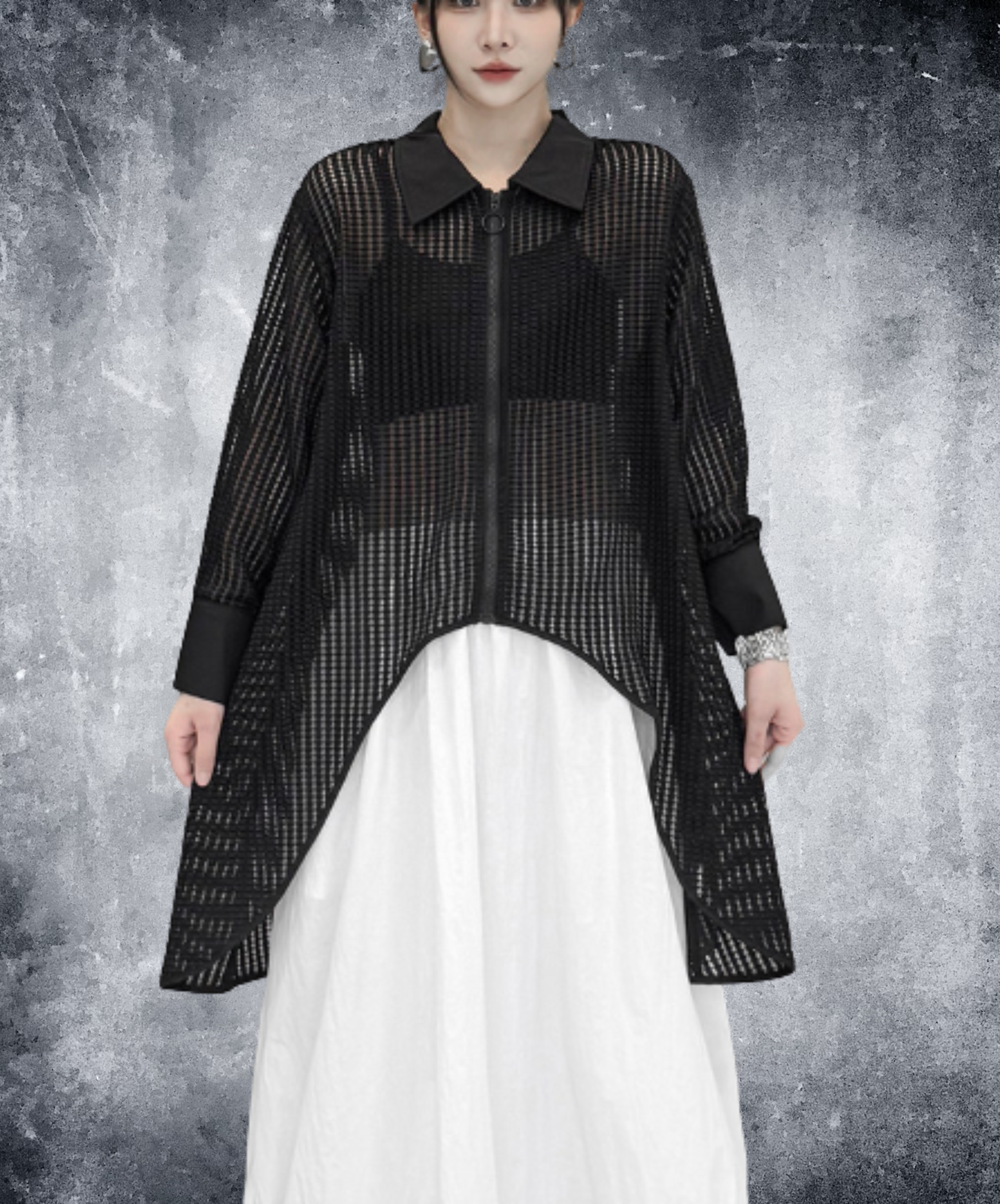 dark Irregular design ring fastener sheer shirt EN2967