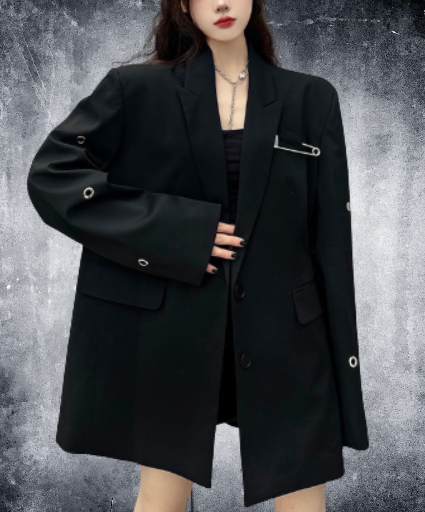oversized safety pin and eyelet accents jacket EN3164