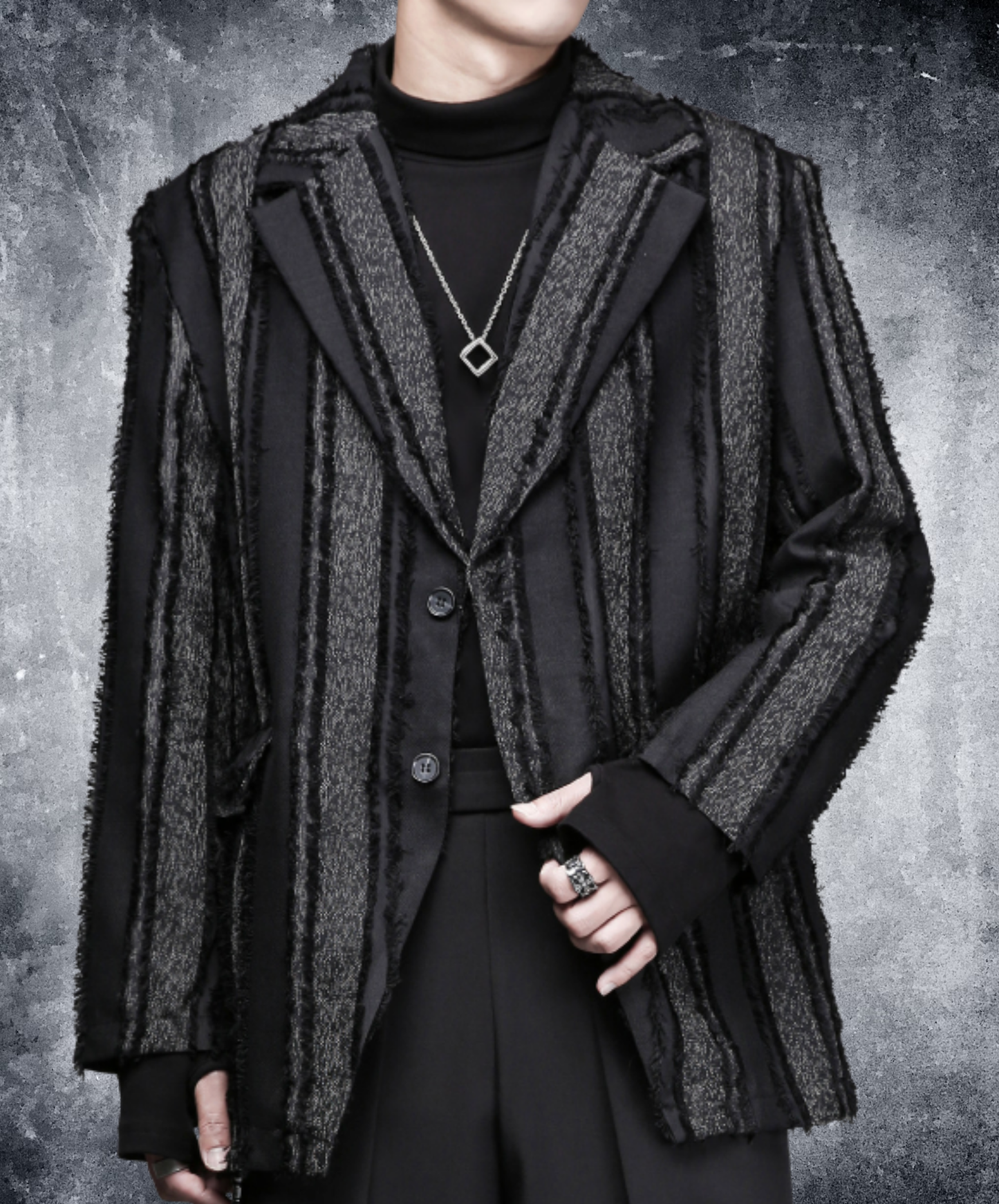 dark striped tassel trim distressed jacket EN2697