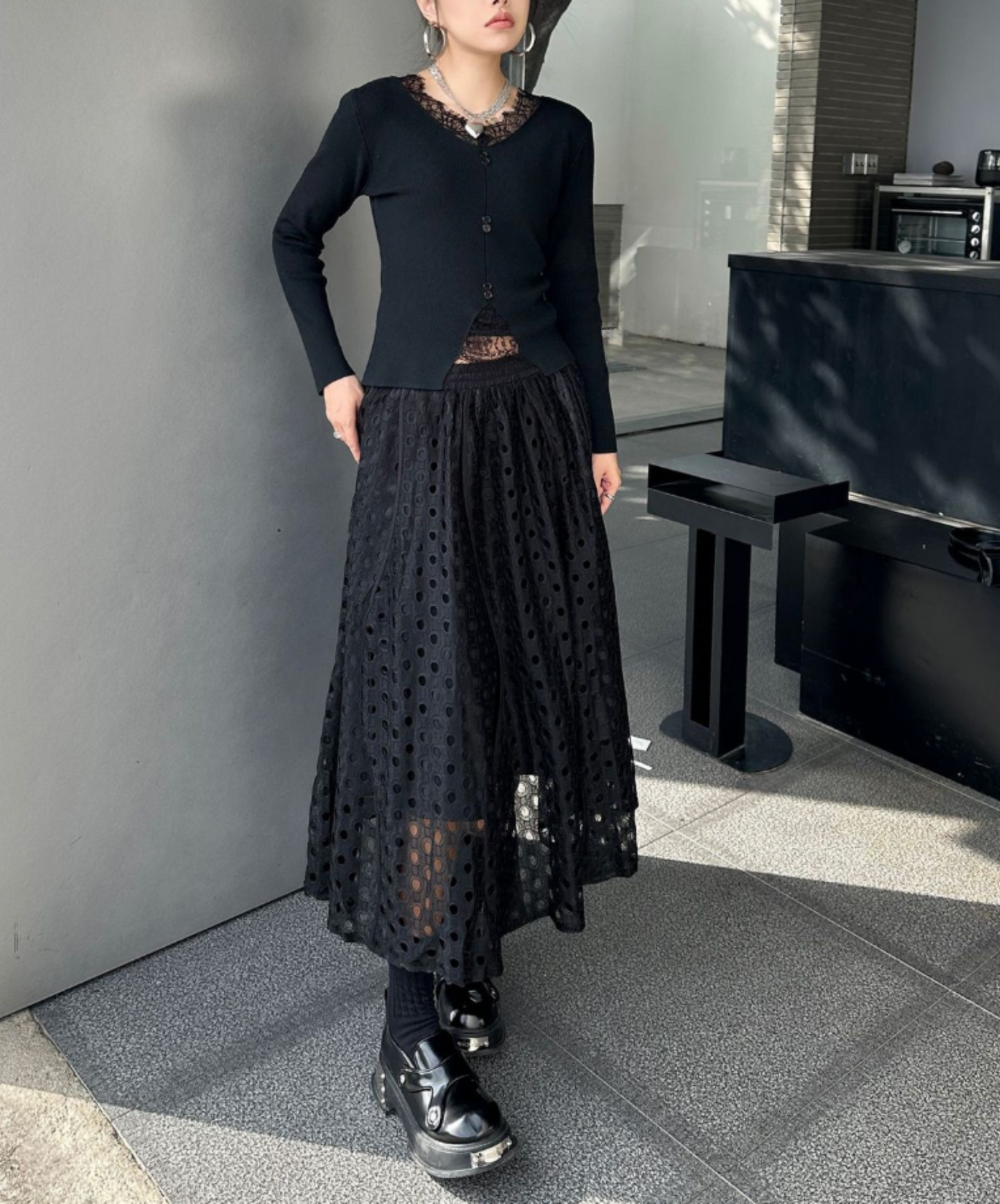 dark eyelet lace a-line skirt EN2335