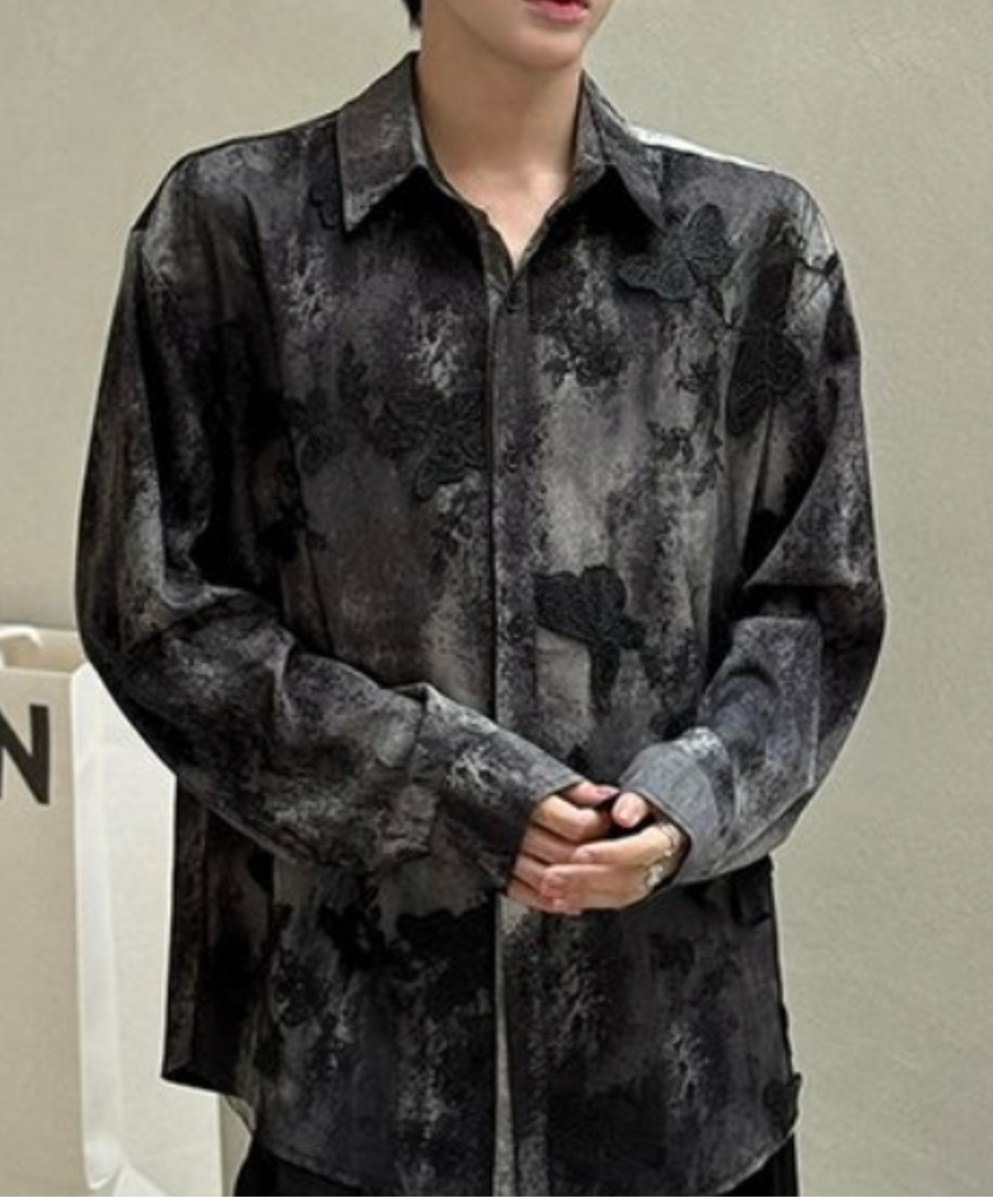 dark lace with 3d butterfly embroidery shirt EN2325