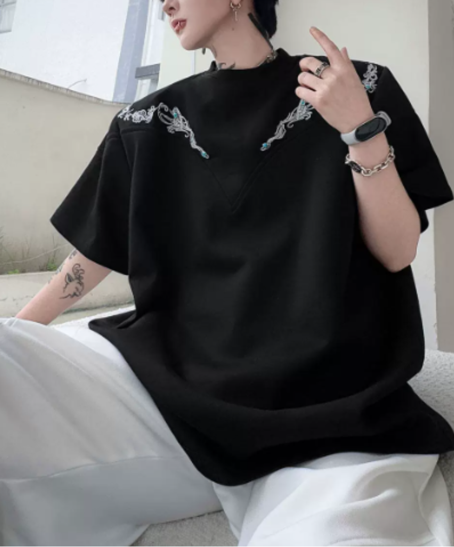 retro embroidery beads t-shirt EN2873