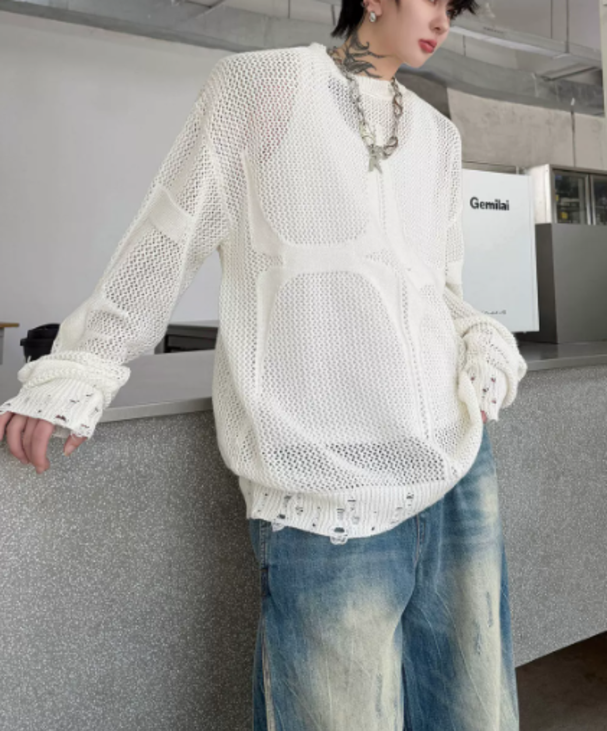 open-knit pattern with distressed finish sweater EN3206