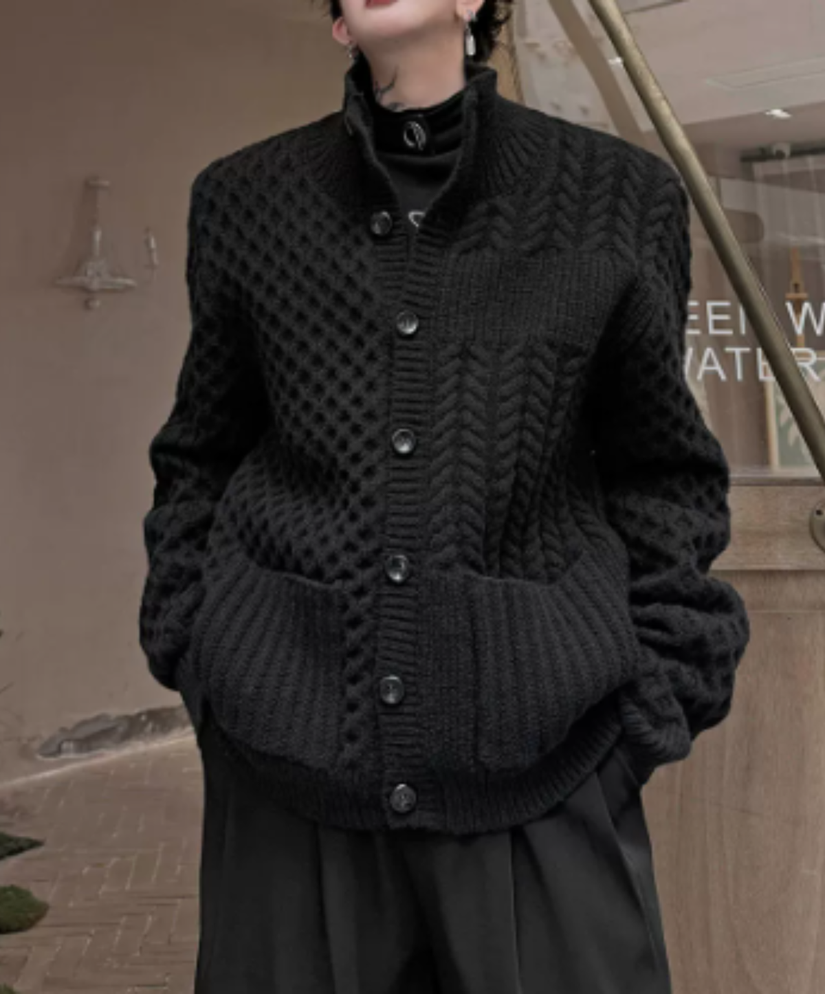 high-neck raised-relief knitting cardigan EN3256