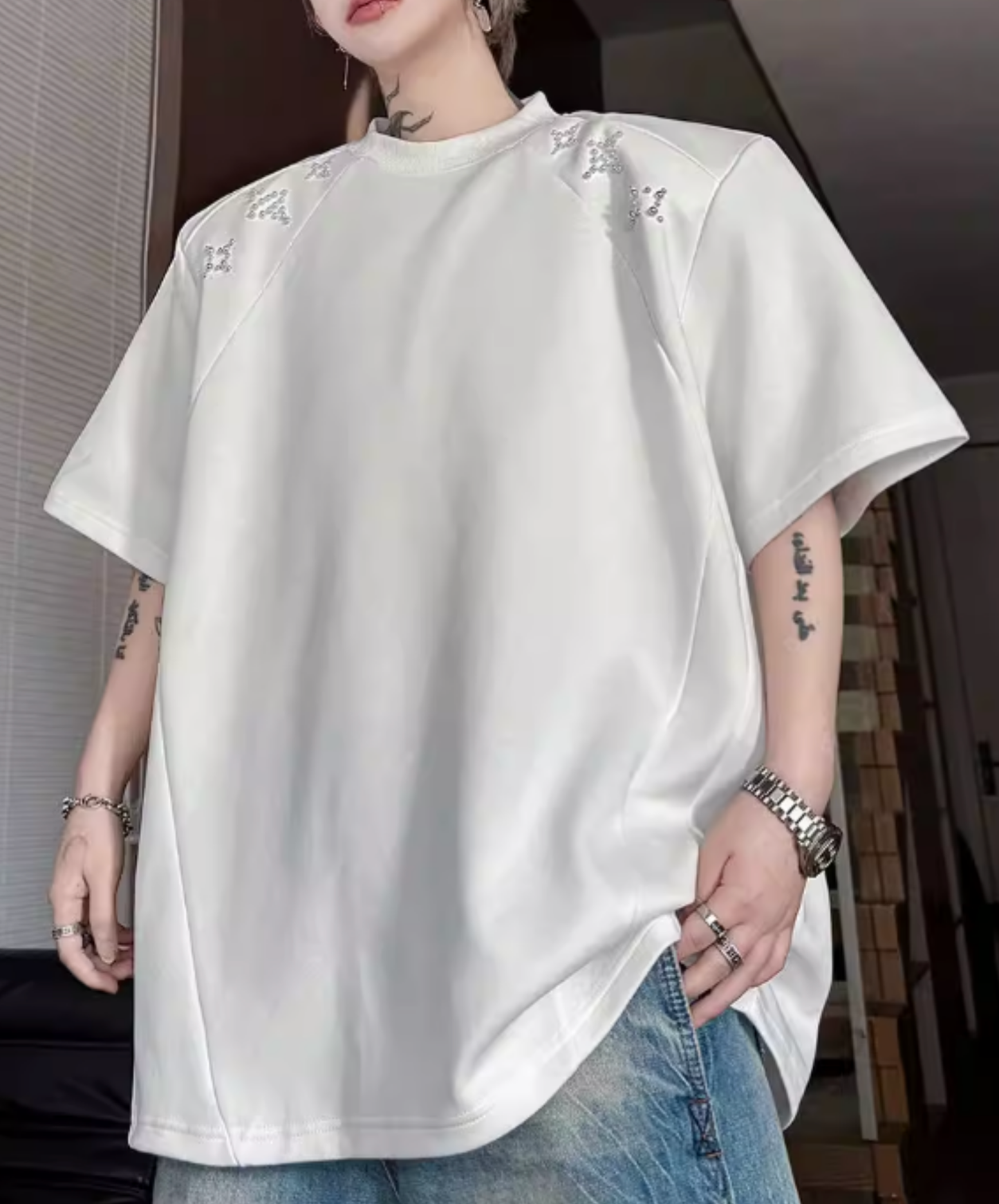 sparkling star motif bead decoration t-shirt EN2827