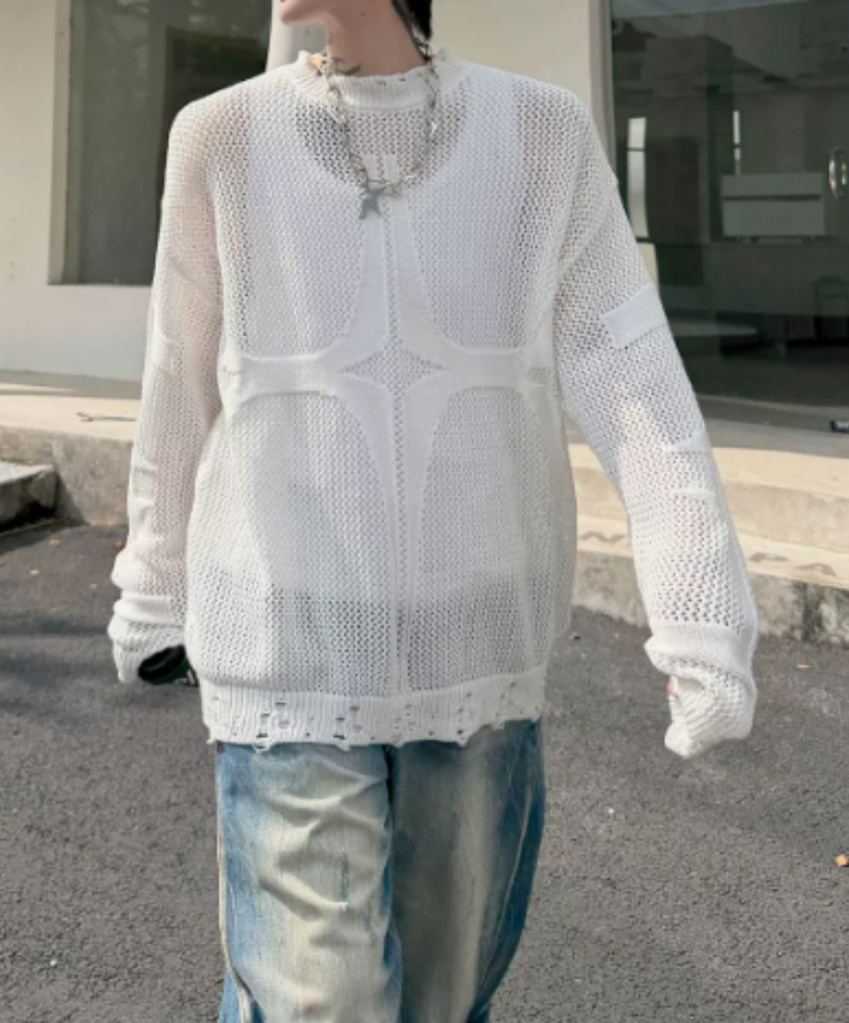open-knit pattern with distressed finish sweater EN3206