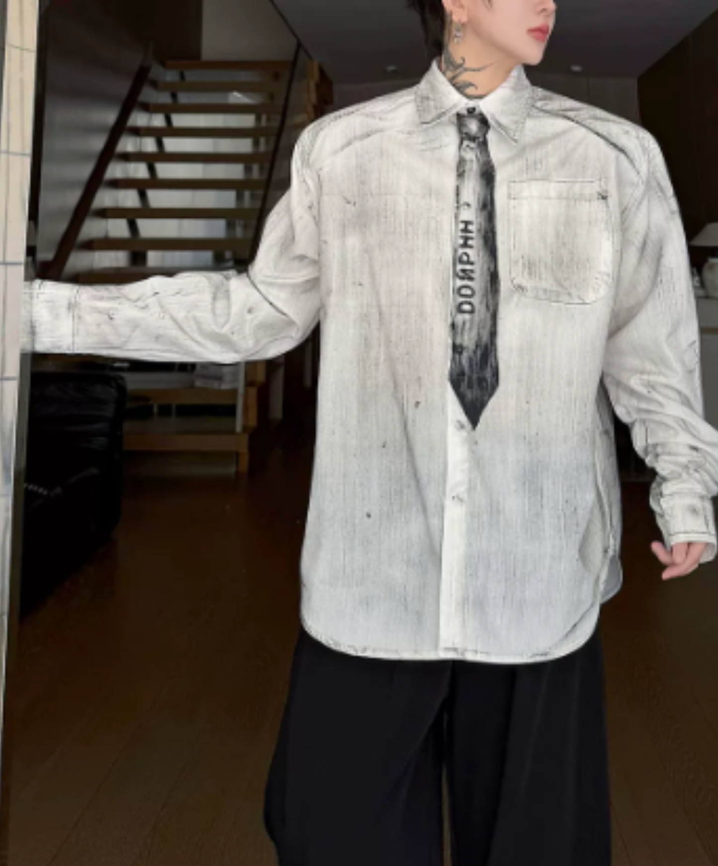 vintage-style tie motif design shirt EN3170