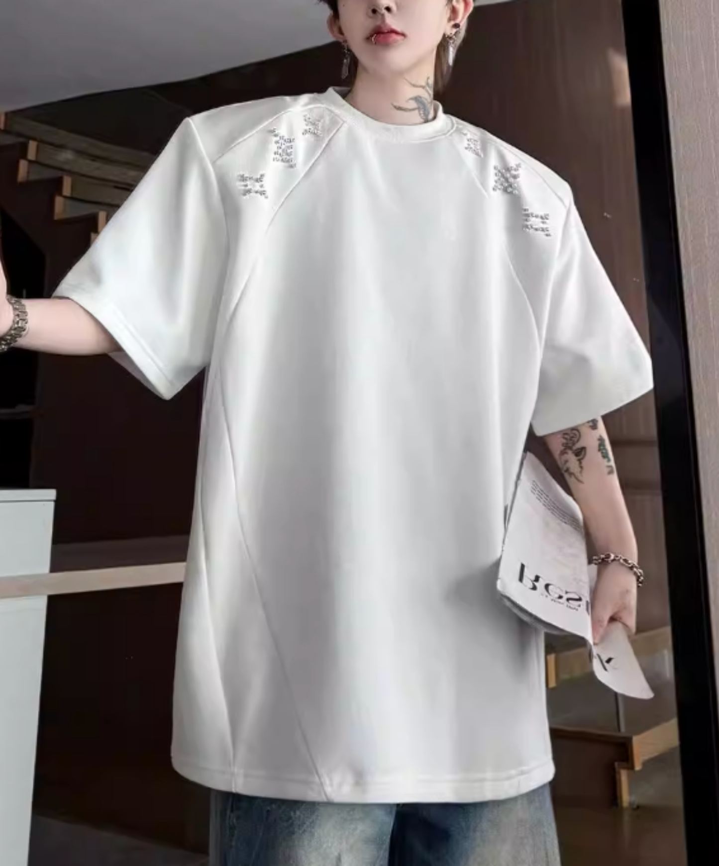 sparkling star motif bead decoration t-shirt EN2827