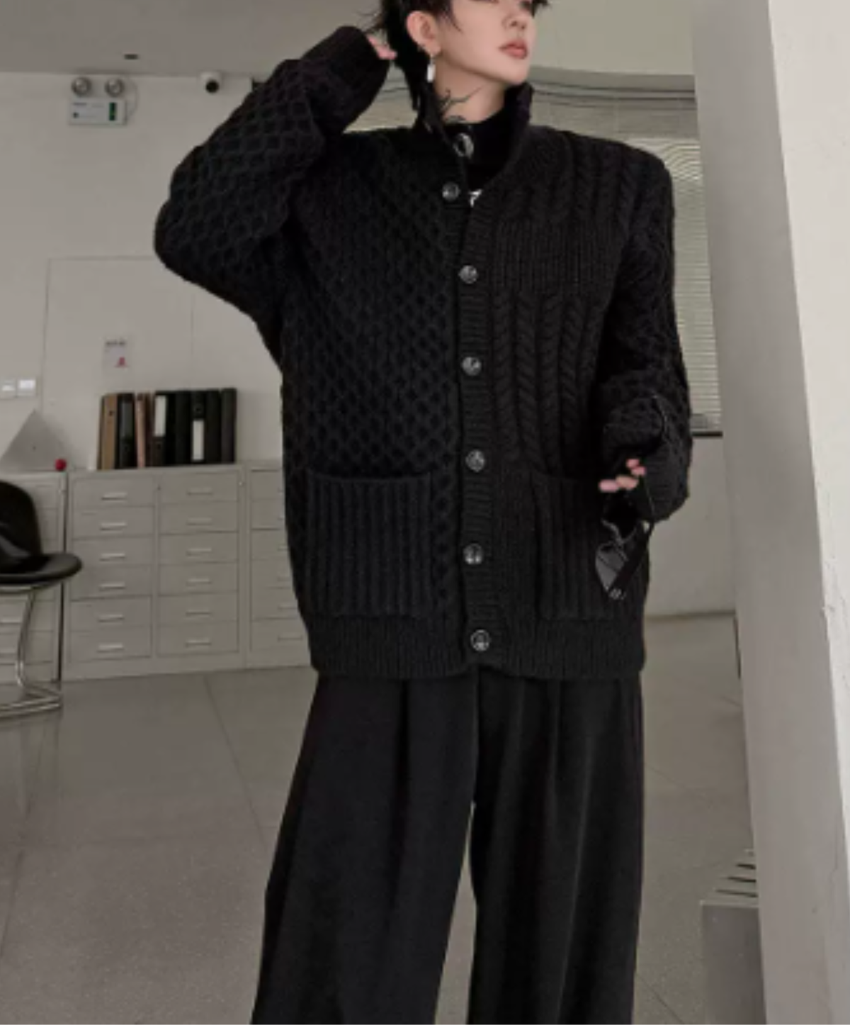 high-neck raised-relief knitting cardigan EN3256