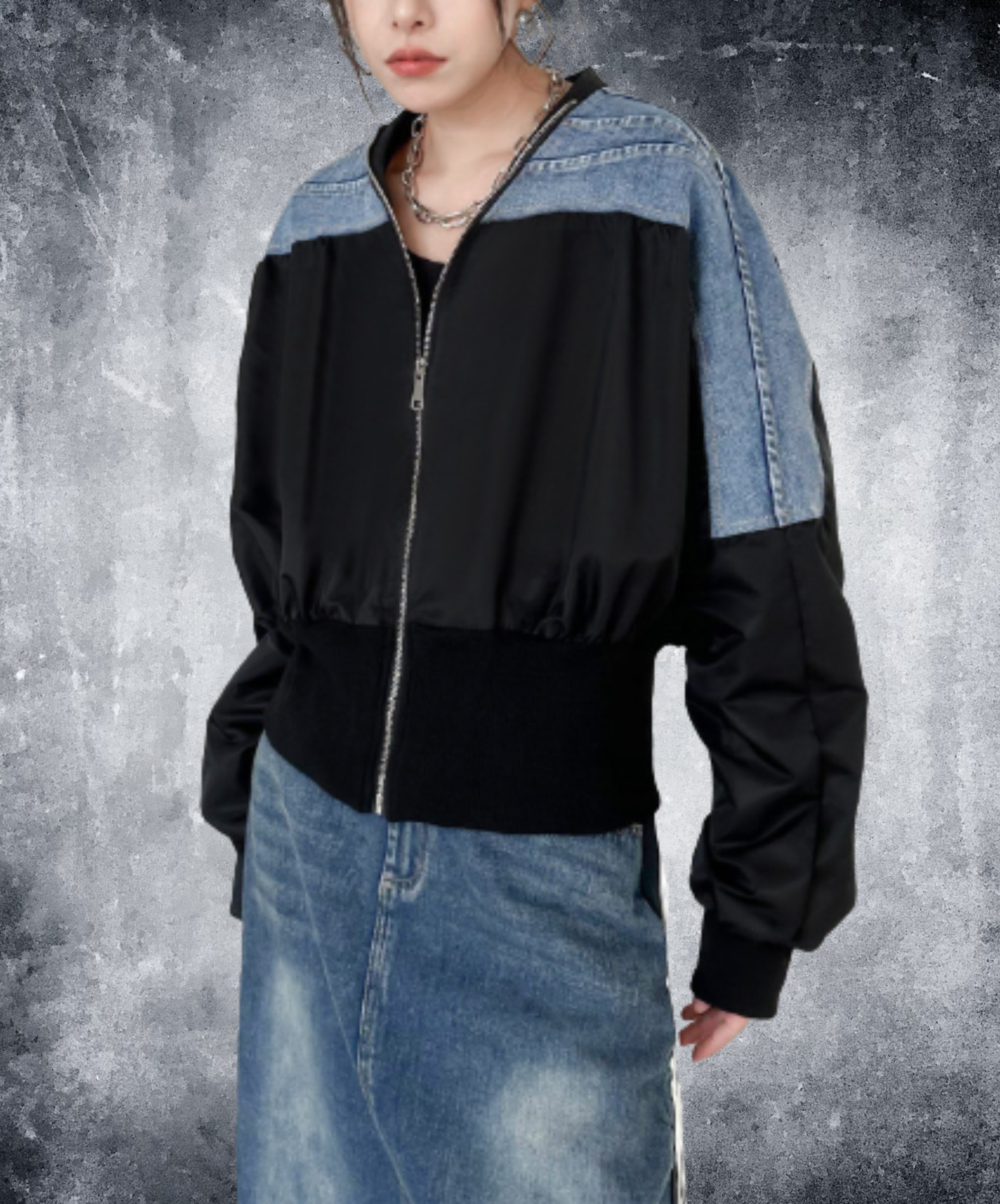 cropped denim patchwork style zipper jacket EN3112