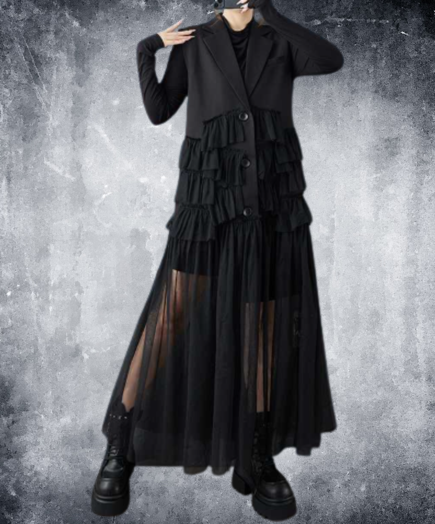 dark long mesh patchwork piece vest  EN3039