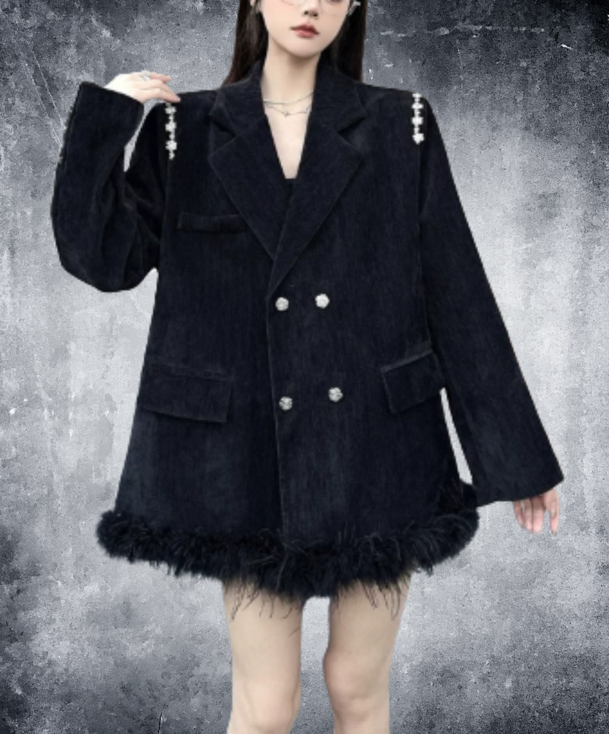 dark fur hem with floral lace embellishment jacket EN3191
